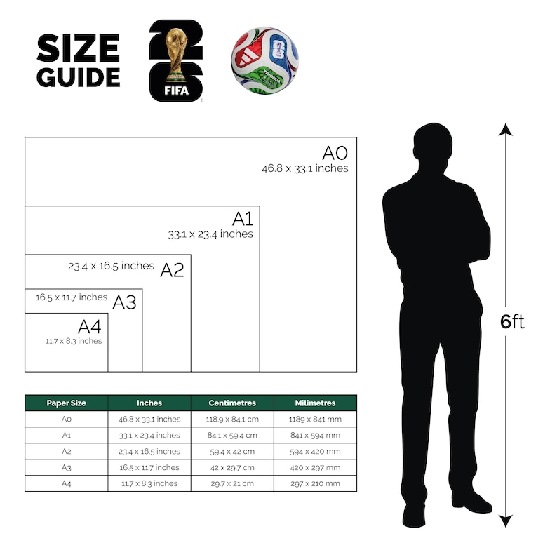 May include: A size guide chart with paper sizes A0 to A4, including dimensions in inches, centimeters, and millimeters. A soccer ball and the FIFA logo are also present. A silhouette of a person is shown next to the chart, with a height of 6 feet.