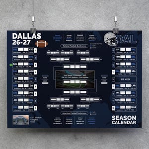 May include: A dark blue Dallas football season calendar poster featuring a game schedule, a playoff bracket, a football icon, a helmet graphic, and the text Dallas 26-27. The layout includes team names, dates, times, and stadium information.