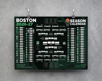 Boston Basketball Kalender 26-27, printbare wandkaart, basketbalwedstrijdenschema, Boston Basketball Bracket, Boston Planner Poster