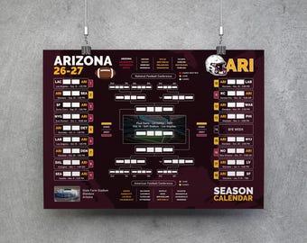 Arizona Football Kalender 26-27, printbare wandkaart, wedstrijdschema, Arizona Football Bracket, Arizona plannerposter