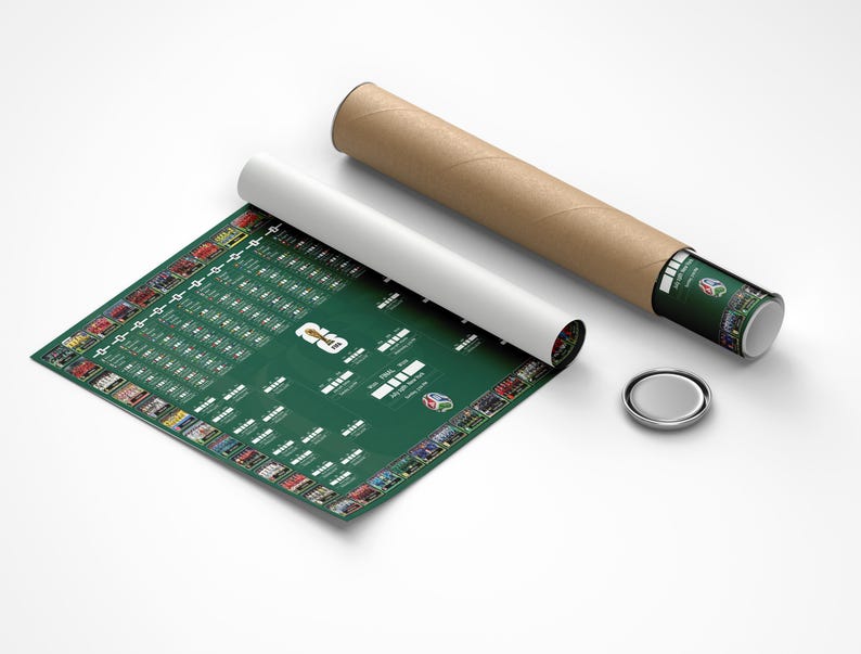 May include: A green poster with white text and colorful graphics is partially unrolled next to a brown cardboard tube. A white rolled paper and a silver metal cap are also present. The poster appears to be a game board or a similar item.