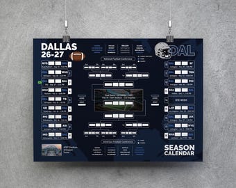 Dallas Football Kalender 26-27, printbare wandkaart, wedstrijdschema, Dallas Football Bracket, Dallas plannerposter
