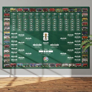 May include: A large green wall chart featuring team photos and a tournament bracket. The chart includes the FIFA logo and text indicating the final match location and date. A decorative plant in a white pot sits nearby.