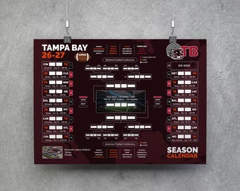 Tampa Bay Football Kalender 26-27, printbare wandkaart, wedstrijdschema, Tampa Bay Football Bracket, Tampa Bay plannerposter