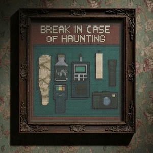 Könnte beinhalten: Ein gerahmtes Kreuzstich-Kunstwerk mit dem Text "BREAK IN CASE OF HAUNTING". Das Kunstwerk zeigt verschiedene Geisterjagdwerkzeuge in einem pixeligen Stil, darunter ein Salbeibündel, ein Gerät, ein Messgerät, eine Taschenlampe und eine Kamera.