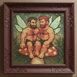 Puede incluir: Obra de arte en punto de cruz enmarcada que representa a dos figuras con alas de hada, sentadas en una seta. La obra de arte tiene un estilo pixelado con una paleta de colores de verdes, marrones y rojos. El marco es de color marrón rojizo oscuro.
