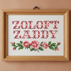 May include: Cross-stitch artwork in a wooden frame. The text "ZOLOFT ZADDY" is stitched in red and white. A floral border of pink roses and green leaves is at the bottom. The artwork is hanging on a peach-colored wall.