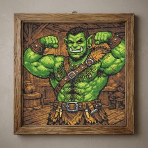May include: A framed cross-stitch embroidery featuring a pixel art style green orc with muscular arms flexed, wearing brown leather straps, a belt with a metal buckle, and a fur-trimmed garment, set against a dark brown wooden interior background.