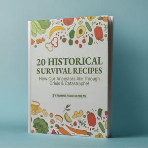 Puede incluir: Un libro de tapa dura titulado "20 Historical Survival Recipes" con el subtítulo "How Our Ancestors Ate Through Crisis & Catastrophe!". La portada presenta ilustraciones de varias frutas y verduras. El libro es de Famine Food Secrets.