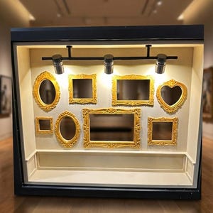 Könnte beinhalten: Eine Vitrine mit schwarzem Rahmen und beigem Innenraum, die neun verzierte, goldfarbene Bilderrahmen in verschiedenen Formen zeigt. Drei Strahler beleuchten die Rahmen und schaffen eine galerieartige Präsentation.