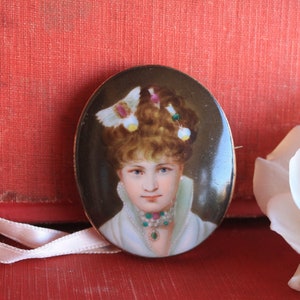 Antique 1890s Painted Porcelain Brooch Necklace - Portrait of Victorian European Lady - hand painted, collectible, vanity, European