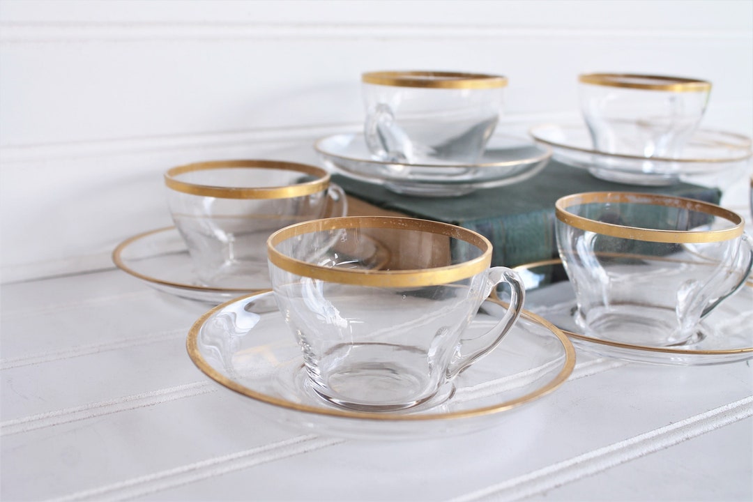 Vintage Set of 22k Gold 8 Glass Tea Cups and Saucers With Gilded Edges