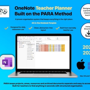 Può includere: Un laptop che mostra un OneNote Teacher Planner basato sul metodo PARA. Lo sfondo blu presenta testo, tra cui "Download istantaneo" e "Mac OS e Windows". Il planner è progettato per l'uso quotidiano in classe.