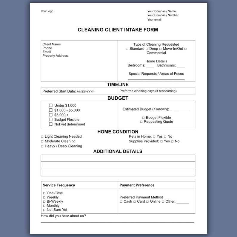 Cleaning Business Client Intake Forms Bundle (PDF, Excel, Word) - Etsy
