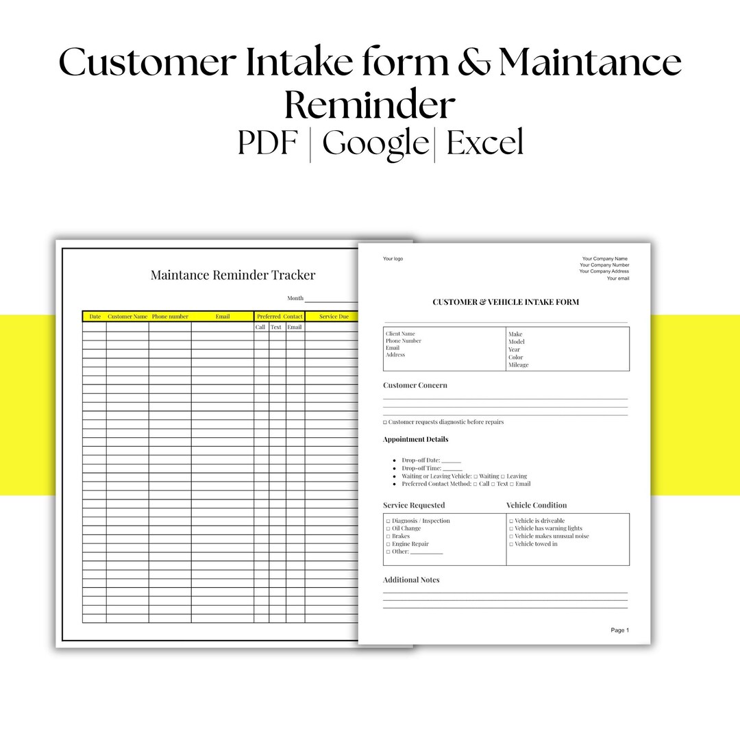 Customer Intake Form & Maintenance Reminder Tracker | Auto Repair ...