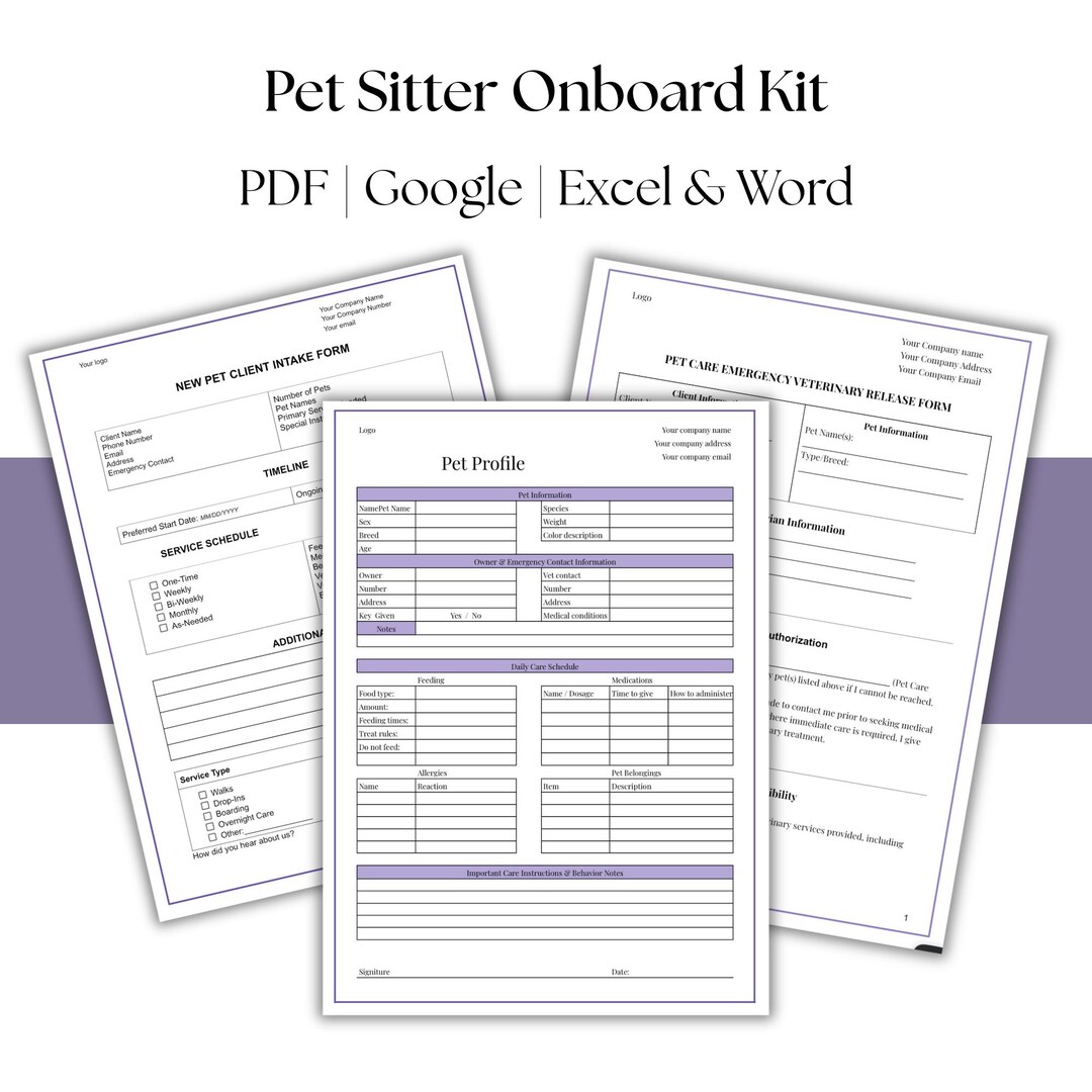 Pet Sitting Client Intake Forms Bundle | Pet Profile, Vet Release (PDF ...