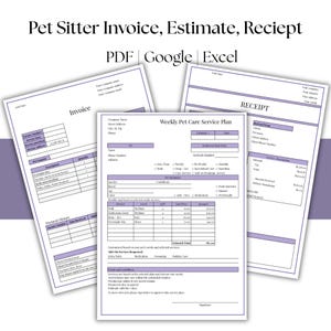 Könnte beinhalten: Drei Dokumente für Tierpflegedienste: eine Rechnung, ein Angebot und eine Quittung. Die Dokumente sind weiß mit lila Akzenten und enthalten den Text "Pet Sitter Invoice, Estimate, Receipt". Die Dokumente sind mit "PDF", "Google" und "Excel" beschriftet.