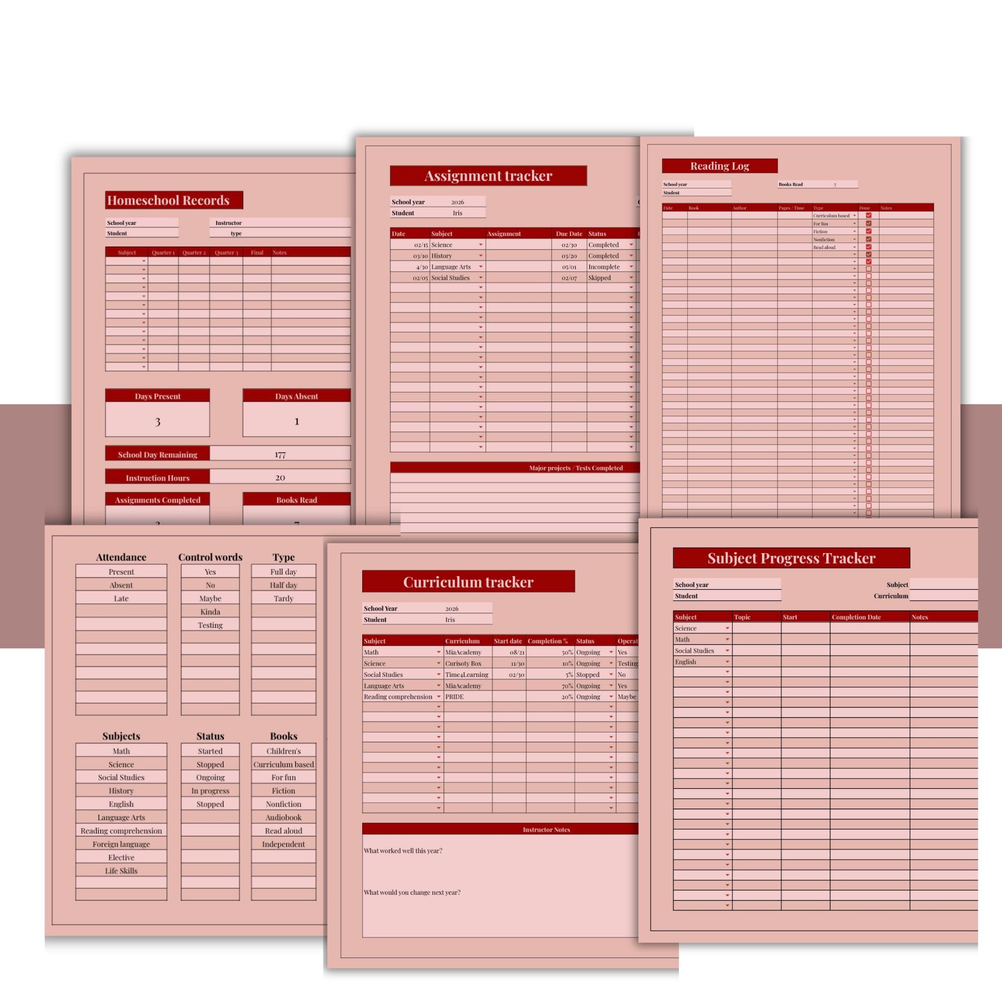 Homeschool Record Keeping Spreadsheet | Attendance, Assignment, Reading ...