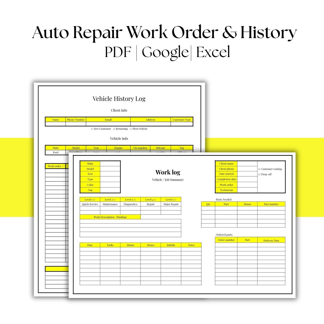 Auto Repair Work Order & Vehicle History Log (PDF, Google, Excel) - Etsy