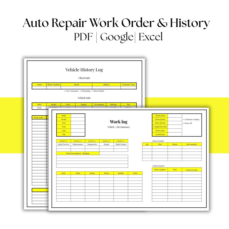 Auto Repair Work Order & Vehicle History Log (PDF, Google, Excel) - Etsy
