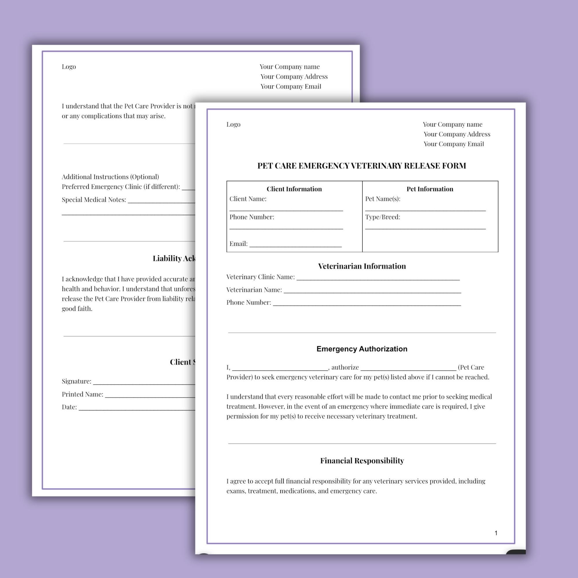 Pet Sitting Client Intake Forms Bundle | Pet Profile, Vet Release (PDF ...