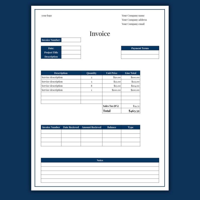 Small Business Invoice Template & Tracker (excel, Google Sheets) - Etsy