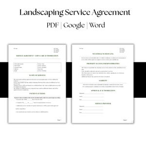 May include: A two-page landscaping service agreement template. The document includes sections for service details, payment terms, and client authorization. The top of the document reads "Landscaping Service Agreement" and offers PDF, Google, and Word formats.