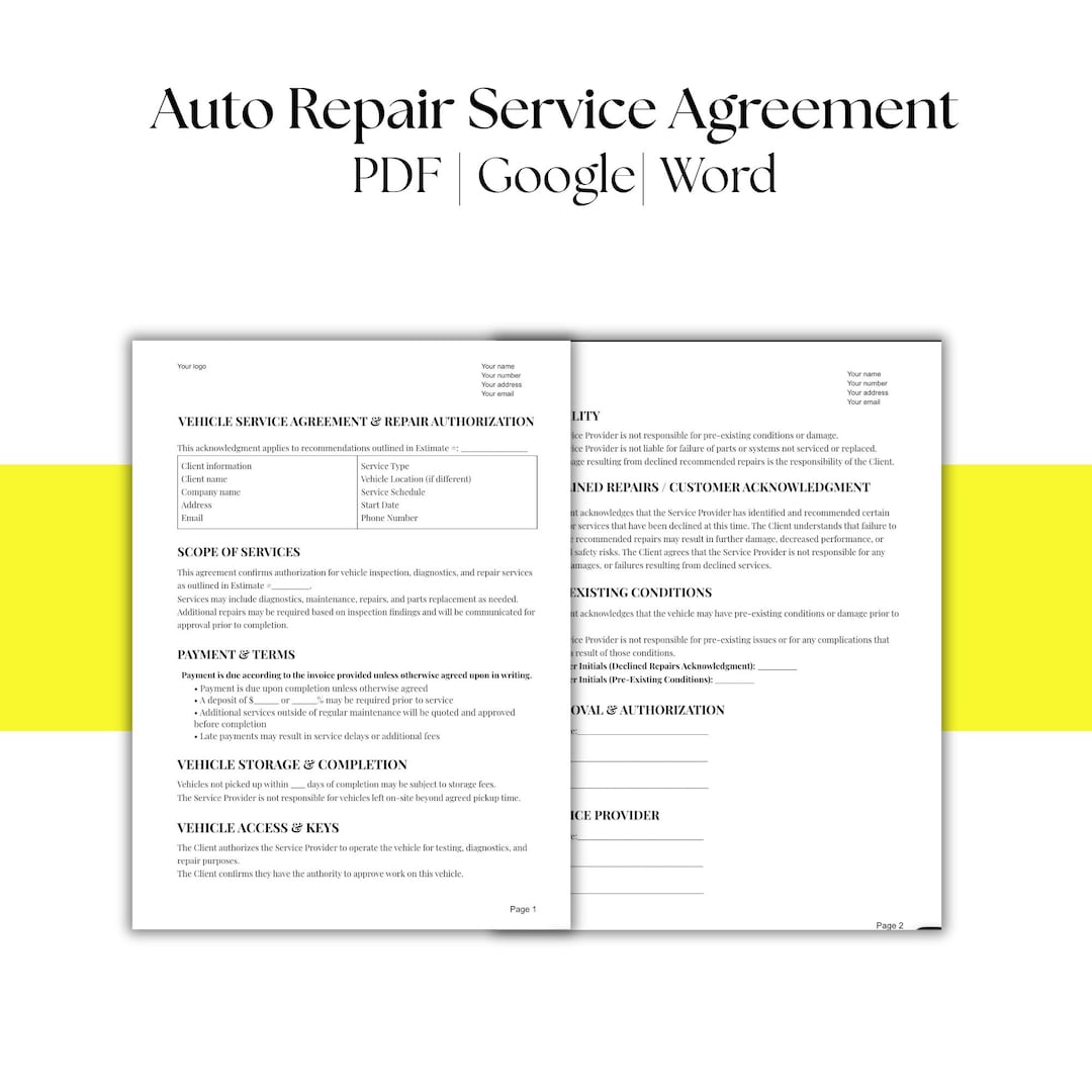 Auto Repair Service Agreement Template | Mechanic Work Authorization ...