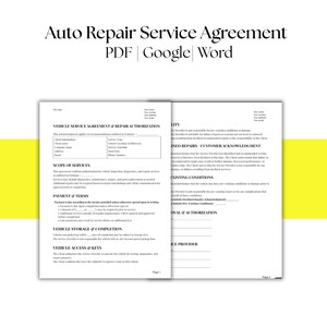 May include: A two-page auto repair service agreement document. The document includes sections for vehicle information, scope of services, payment terms, and customer acknowledgment. The document is available in PDF, Google, and Word formats.