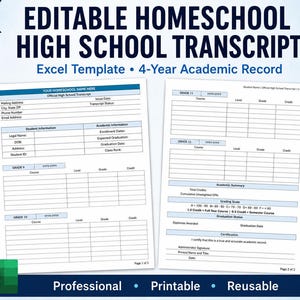 May include: An editable homeschool high school transcript Excel template featuring a 4-year academic record. The document includes sections for student information, course listings for grades 9 through 12, an academic summary, a grading scale, and certification fields.