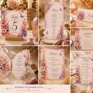 Handgjord fjärilsbröllopsinbjudningssvit: Pastellblommig akvarellpappersmaterial komplett paket - Lyxig romantisk fjärilsinbjudningssvit