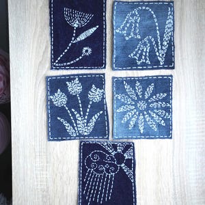 Sashiko broderad denimlapp, handsydd blommig Boro-lapp, återvunna jeansreparationslapp, miljövänlig lagningslapp, sy-på Boro-lapp