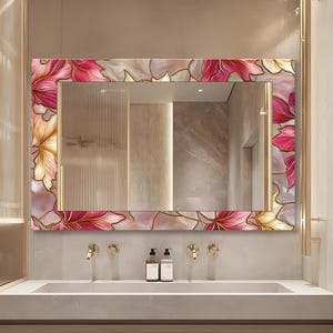 Badrumsspegel, väggspegel med blommönster i målat glas, stor dekorativ spegel för sovrum, elegant sminkspegeldekoration med blommönster