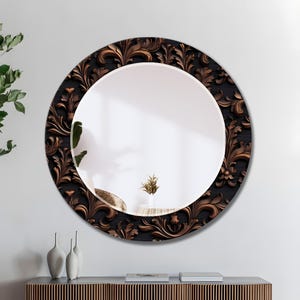 Espejo ornamentado de bronce de estilo victoriano, arte mural gótico en negro y cobre, espejo barroco de vidrio templado, espejo de tocador rectangular grande