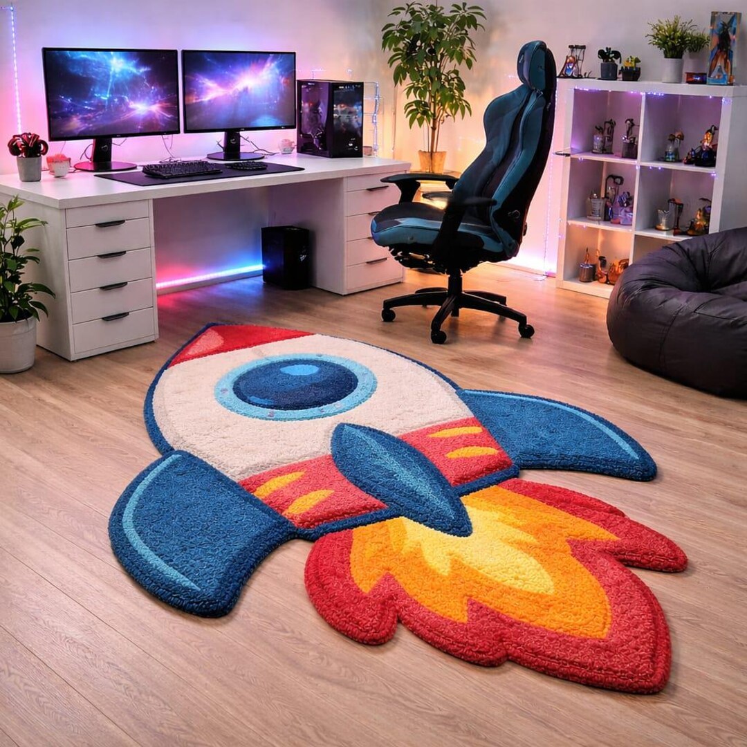 Rocket Circular Rug Rocket Shape Hand Tufted Wool Rug, Space Theme Kids Playroom Carpet - Etsy