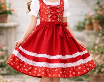 Girls Red Floral Dirndl Dress – Cotton Trachten Outfit, Lace Trim Bavarian Style