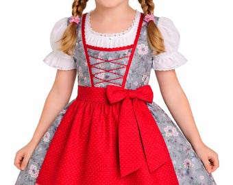 女の子用バイエルン風ディアンドルドレス – 花柄プリント、ブラウス、エプロン、オクトーバーフェスト衣装の3点セット
