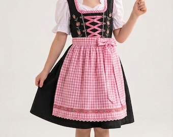Dziewczęca bawarska sukienka dirndl | Różowy fartuch w kratkę gingham, kwiatowy haft, strój na Oktoberfest