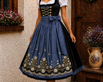 Black Embroidered Dirndl Dress, Traditional Bavarian Oktoberfest Outfit, Apron