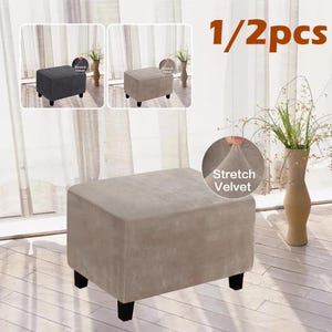 May include: A taupe-coloured ottoman with black legs. The ottoman is square and has a velvet texture. The image also shows two smaller images of ottomans in different colours, and the text "1/2pcs".