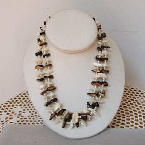Vintage MOTHER of PEARL NECKLACE 2 strand 1960’s Brown & White Faux Pearl Bead Shell Chunky