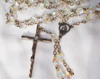 Vintage Aurora Borealis CRYSTAL ROSARY Made in Italy Mary Sacred Heart Medallion Layered Cross Crucifix