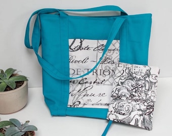 Matched Set TOTE BAG and JOURNAL for the Adventurer in Turquoise & Toile