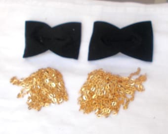 Lot of 2 Pair SHOE CLIPS Vintage Gold Chain Tassel Pom Pom Black Fabric Bow 1970’s