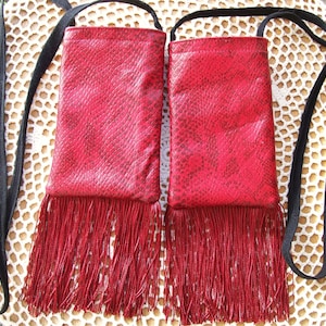 Red Snakeskin CELLPHONE POUCH Vegan Leather Fringe 3.5&quot; x 5&quot; Mini Neck Purse Cell Phone Bag Gadget Novelty