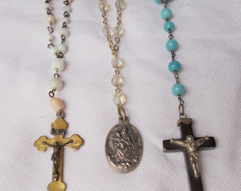 Choice - Vintage GLASS BEAD CHAPLET Rosary Germany Italy Aqua Blue Aurora Borealis Crystal