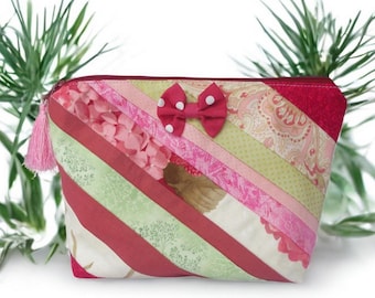 Pink COSMETIC ZIPPER BAG Strip Quilted in Multiple Cotton Prints