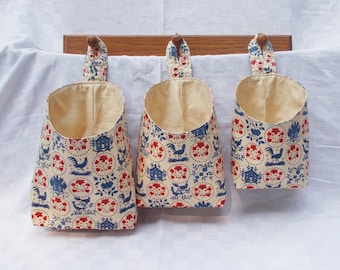 Fabric Storage Pod- Rooster Floral- Red Blue Cream- Choice of Size- Hanging Organizer- Peg Basket- Storage Basket- Wall Pocket- Door Pocket