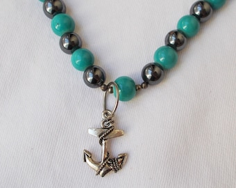 Blue & Black GEMSTONE NECKLACE Hematite Turquoise Glass Bead Anchor Pendant 15.5" - 16.5" Handmade .16