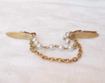 Vintage Faux Pearl SWEATER GUARD Vest Clip Collar Gold tone Etched